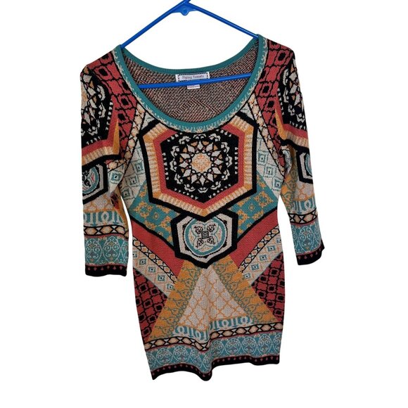 Flying Tomato Geometric Pattern Sweater Dress Mini Multicolor Small Mandala - Picture 1 of 7